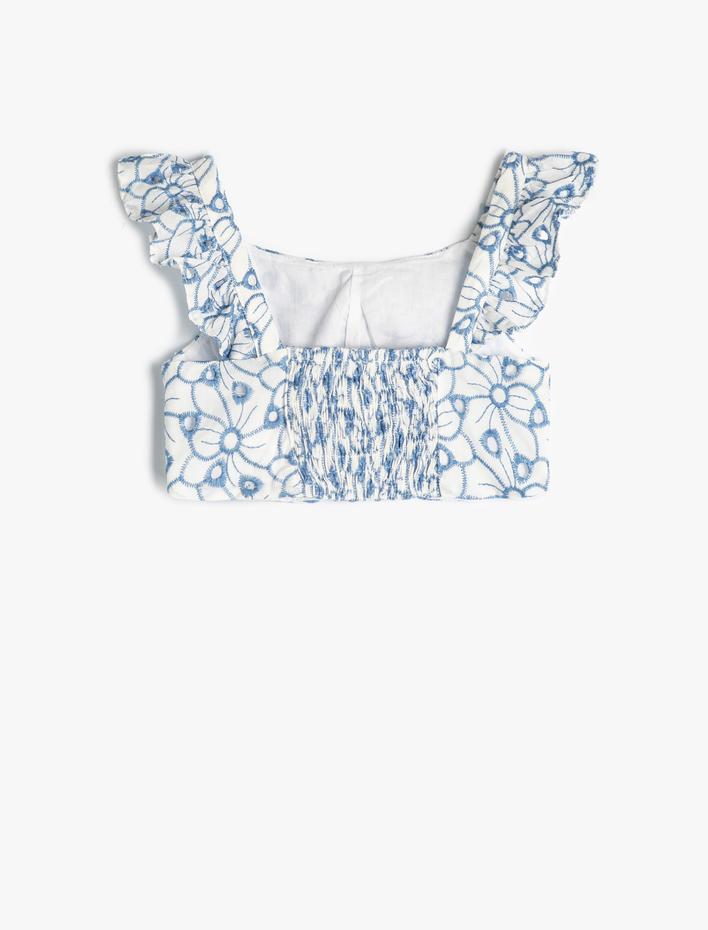 Kız Çocuk Crop Bluz Askılı Fırfırlı Çiçek Desenli Fisto Detaylı