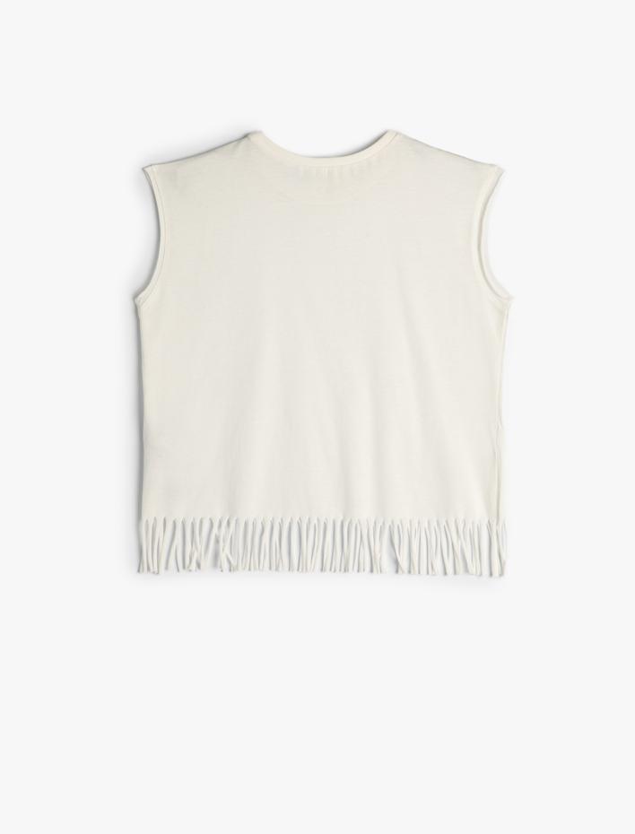 Kız Çocuk Tişört Kolsuz Kısa Kollu Püsküllü Bisiklet Yaka Boncuk Detaylı Pamuklu