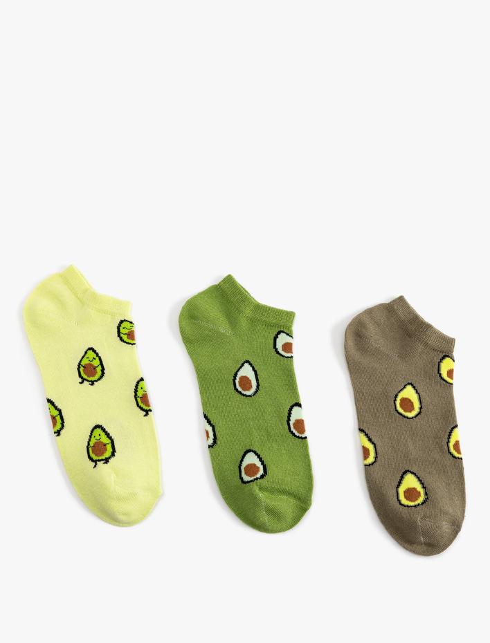 Kadın 3'lü Patik Çorap Seti Çok Renkli Avokado Temalı