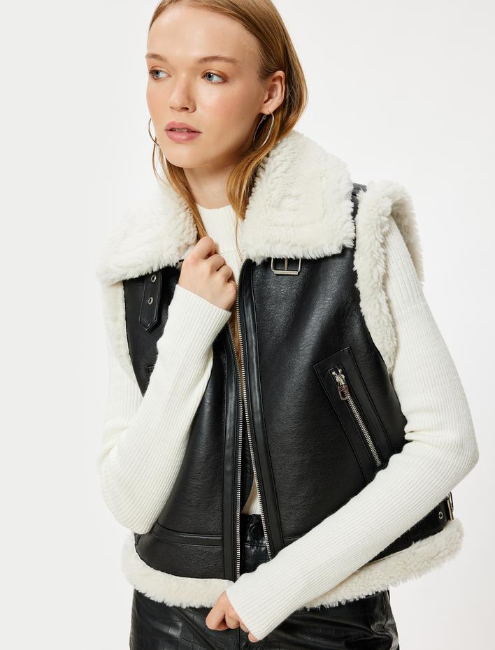  Parlak Deri Görünümlü Yelek Suni Kürk Yaka Kolsuz Fermuarlı Cep Detaylı