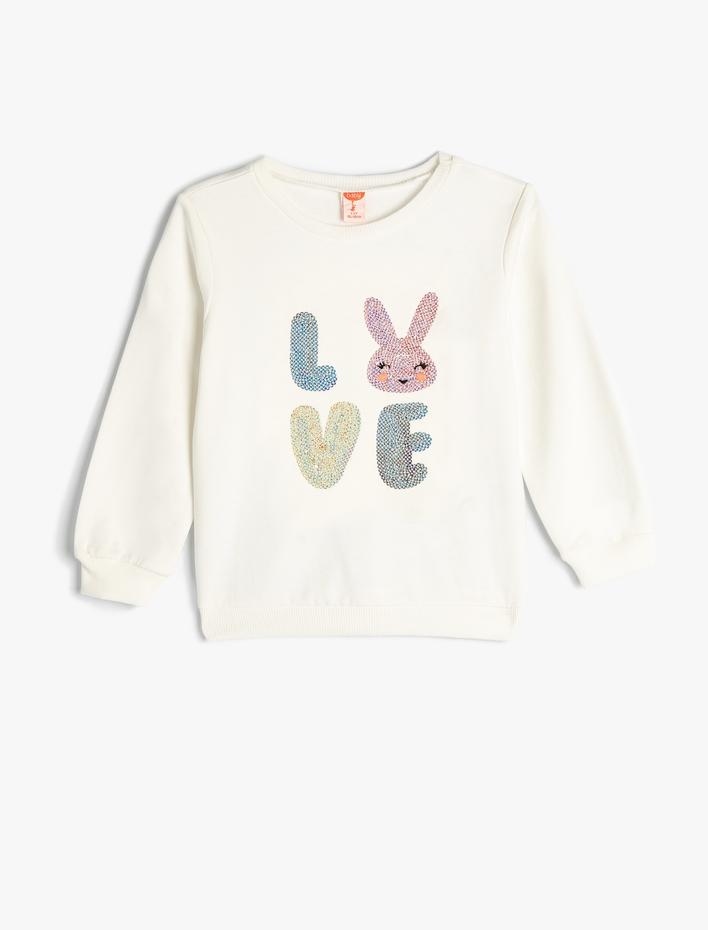 Kız Bebek Sweatshirt Tavşan Baskılı Pullu Payetli Pamuklu Şardonlu