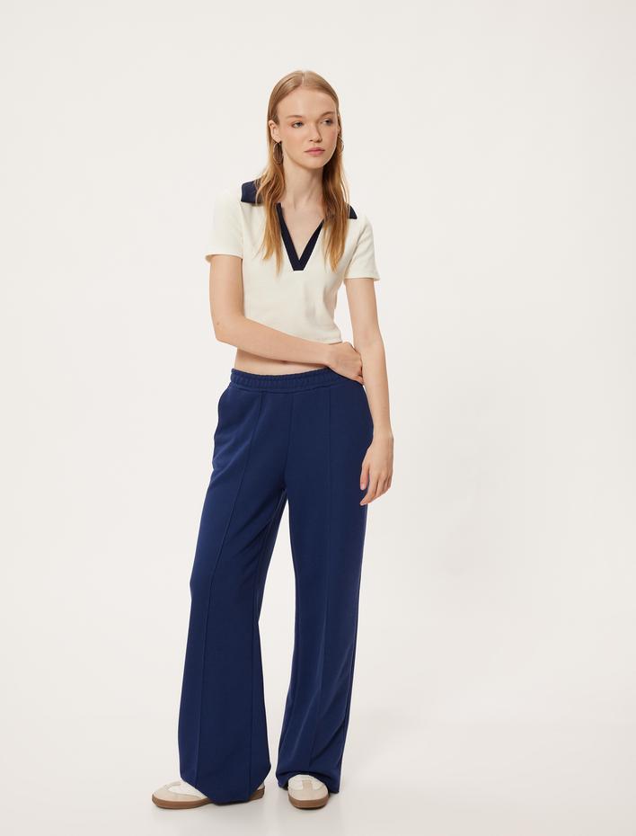  Crop Tişört Polo Yaka Düğmeli Kısa Kollu Biyeli Slim Fit