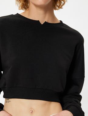 Crop Sweatshirt Bisiklet Yaka Ribanalı Uzun Kollu Rahat Kalıp_4