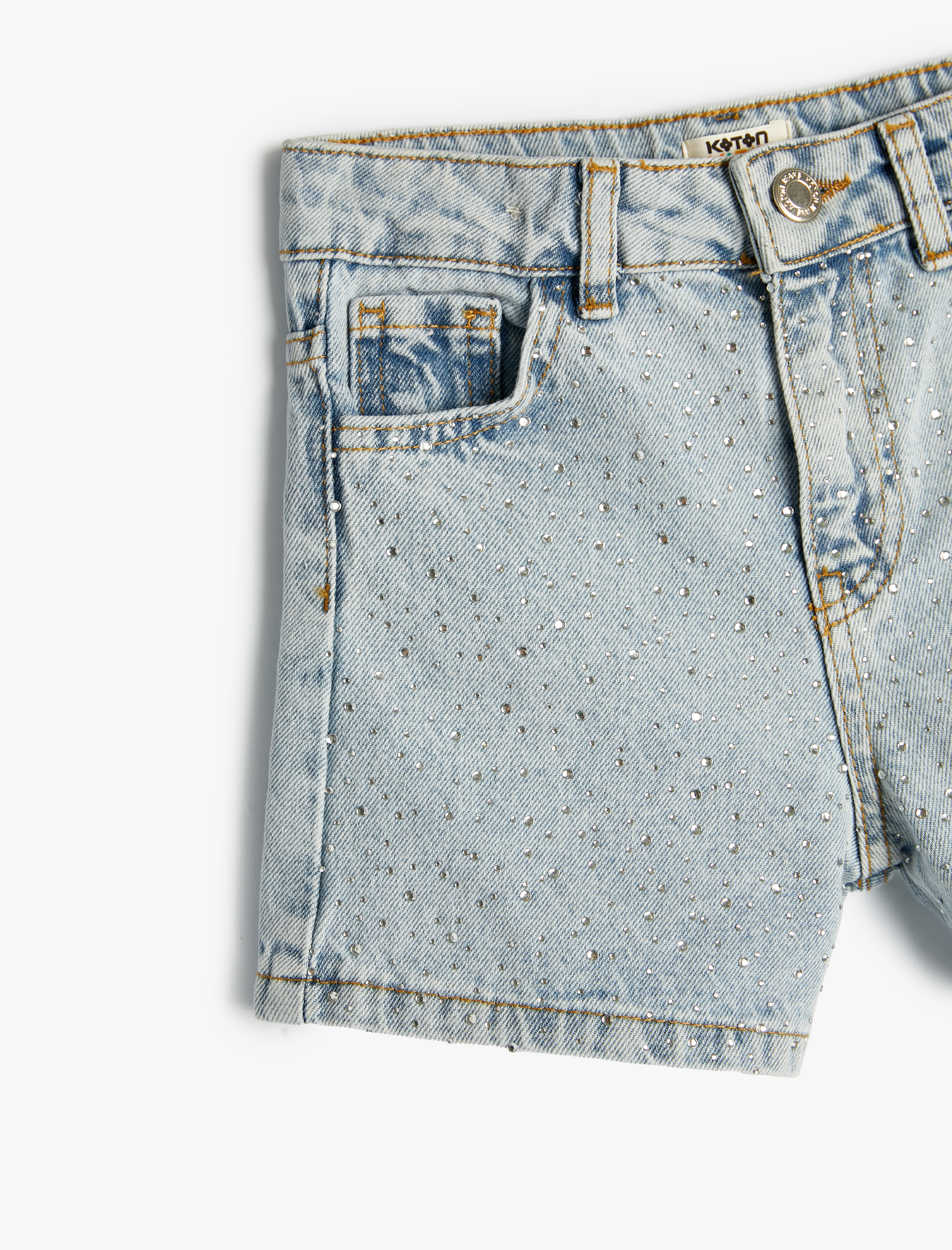 Kız Çocuk Kot Şort Boncuk İşlemeli Cepli Pamuklu