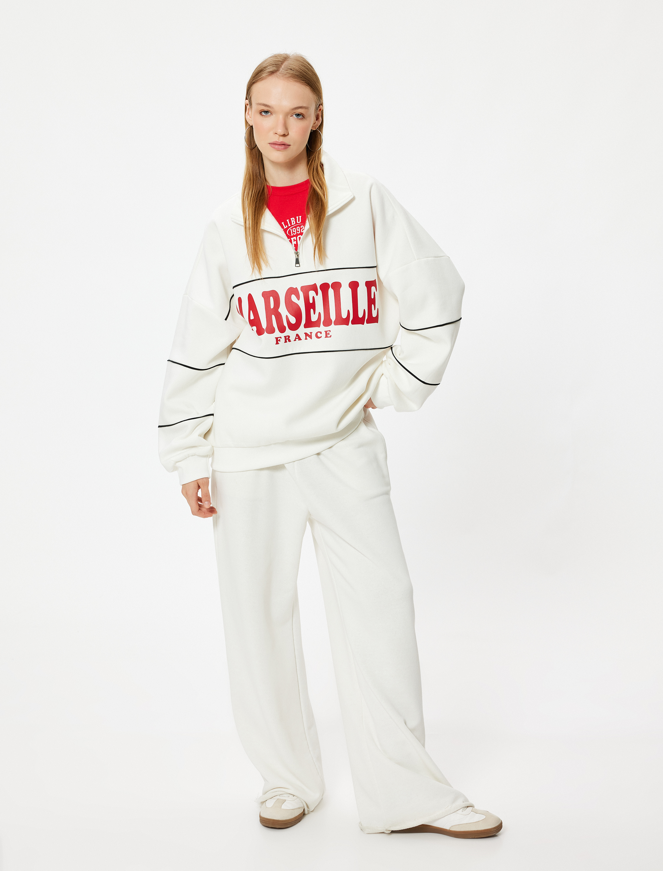   Oversize Sweatshirt Yarım Fermuarlı Kolej Baskılı Şardonlu