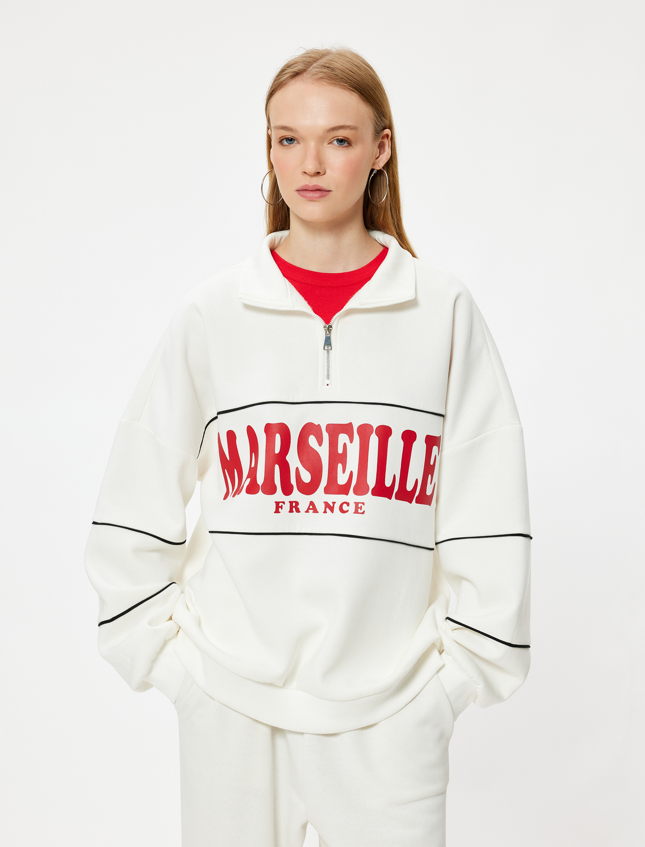   Oversize Sweatshirt Yarım Fermuarlı Kolej Baskılı Şardonlu