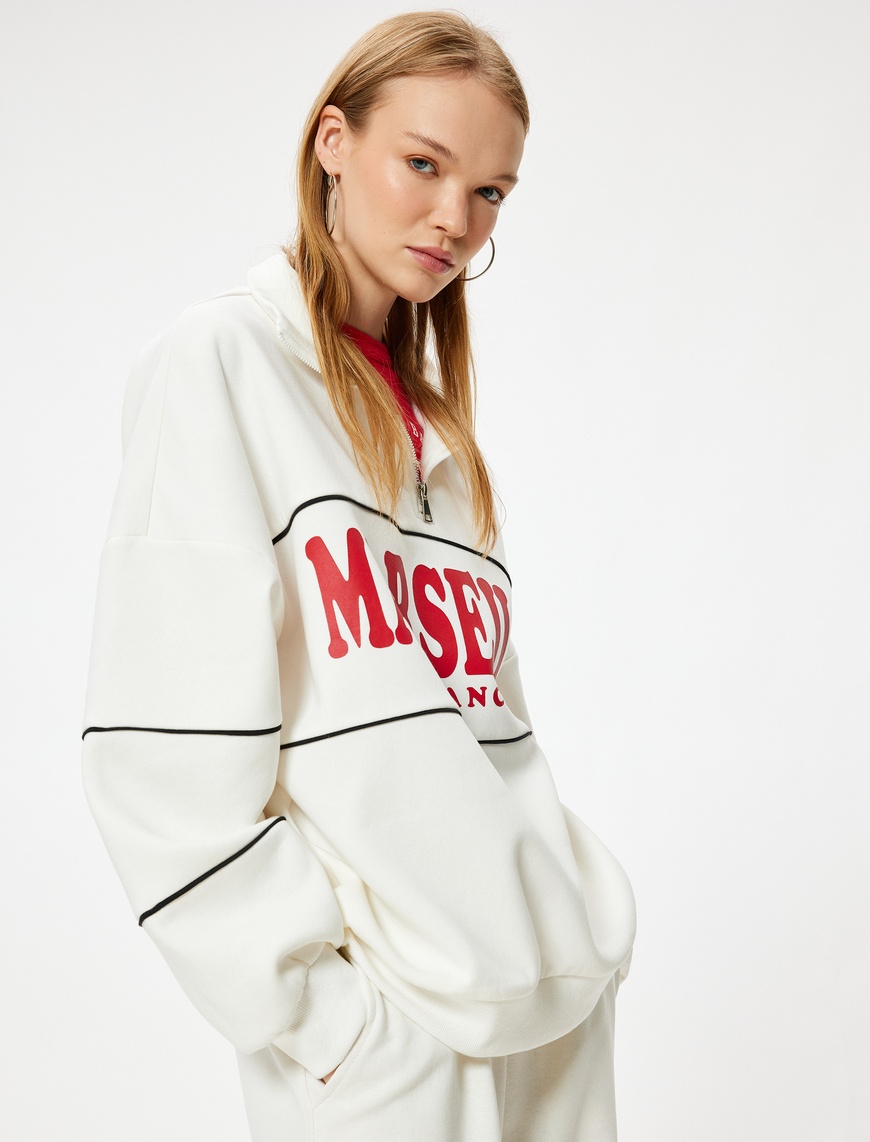   Oversize Sweatshirt Yarım Fermuarlı Kolej Baskılı Şardonlu