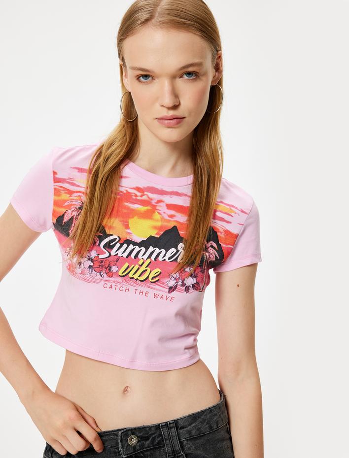  Crop Tişört Kısa Kollu Slogan Baskılı Bisiklet Yaka Slim Fit