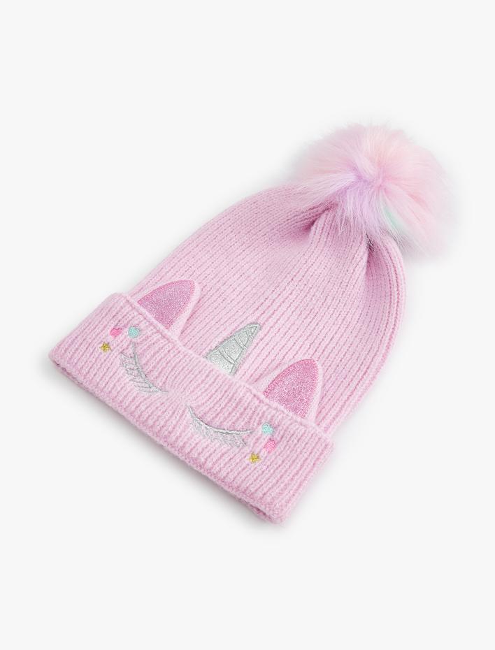 Kız Çocuk Unicorn Bere Peluş Ponpon Detaylı