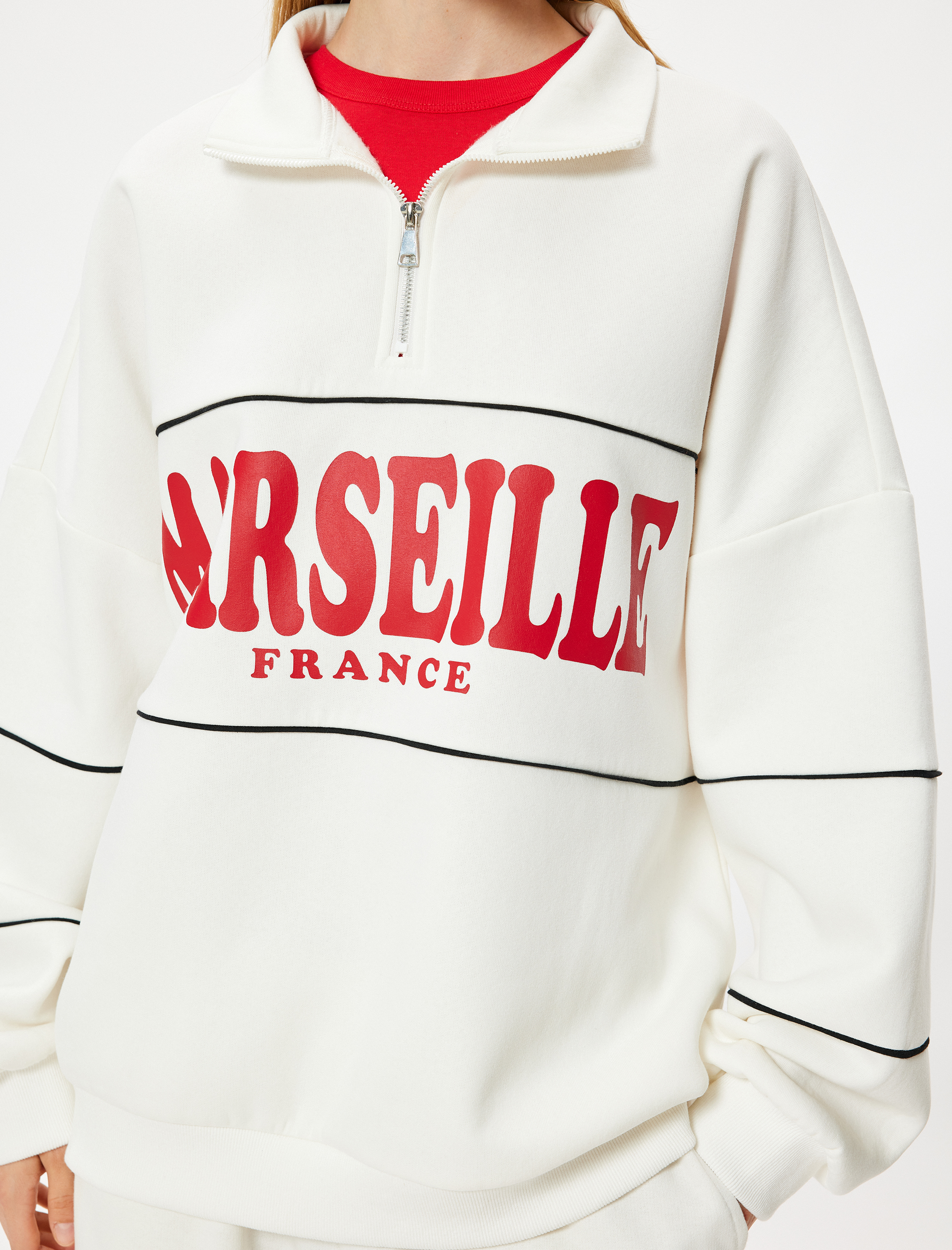   Oversize Sweatshirt Yarım Fermuarlı Kolej Baskılı Şardonlu