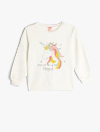 Sweatshirt Unicorn Baskılı Uzun Kollu Bisiklet Yaka Şardonlu Pamuklu