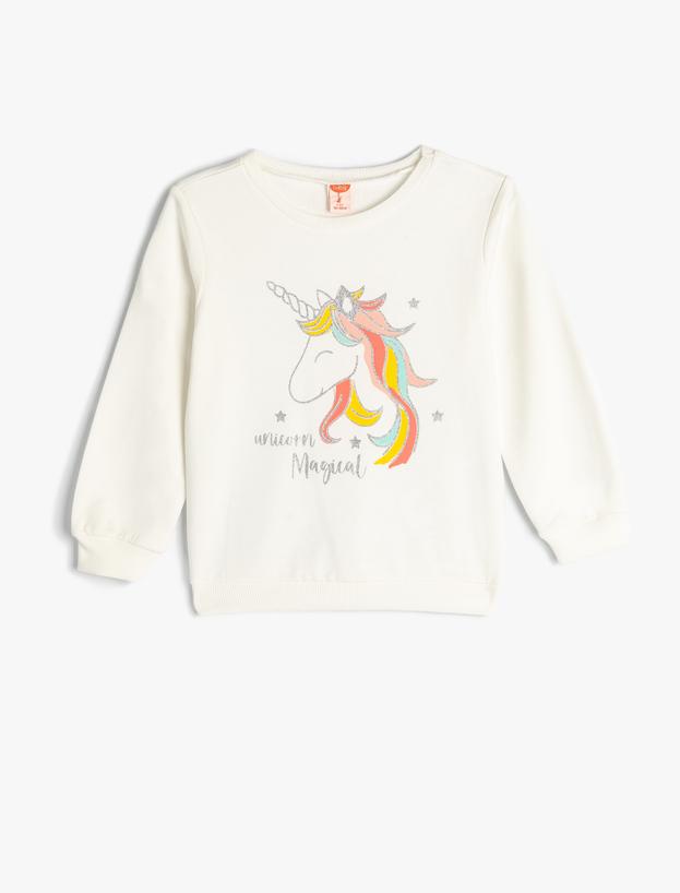 Sweatshirt Unicorn Baskılı Uzun Kollu Bisiklet Yaka Şardonlu Pamuklu_0