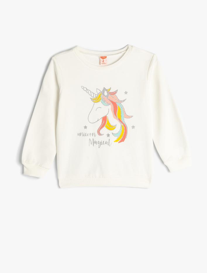 Kız Bebek Sweatshirt Unicorn Baskılı Uzun Kollu Bisiklet Yaka Şardonlu Pamuklu