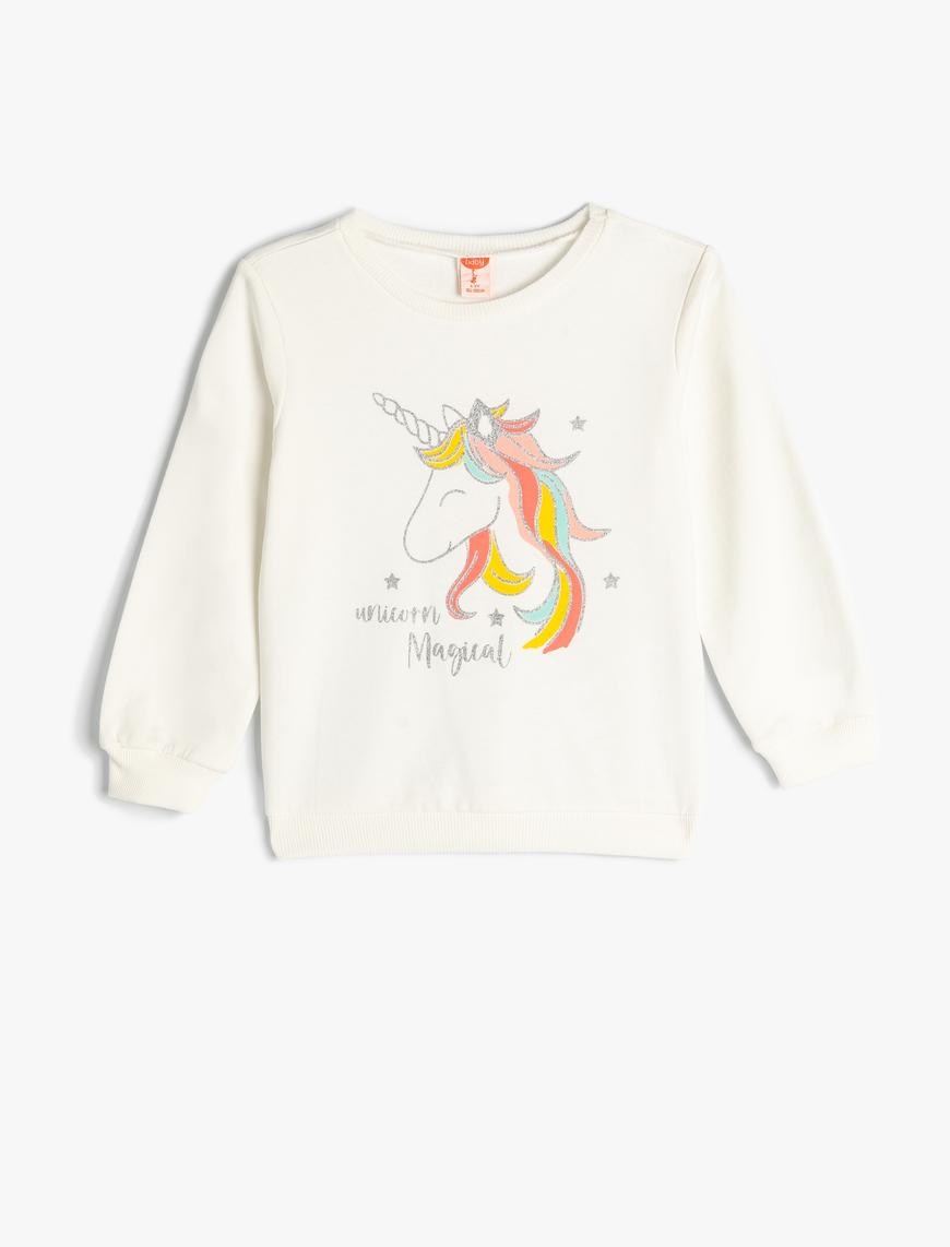  Kız Bebek Sweatshirt Unicorn Baskılı Uzun Kollu Bisiklet Yaka Şardonlu Pamuklu