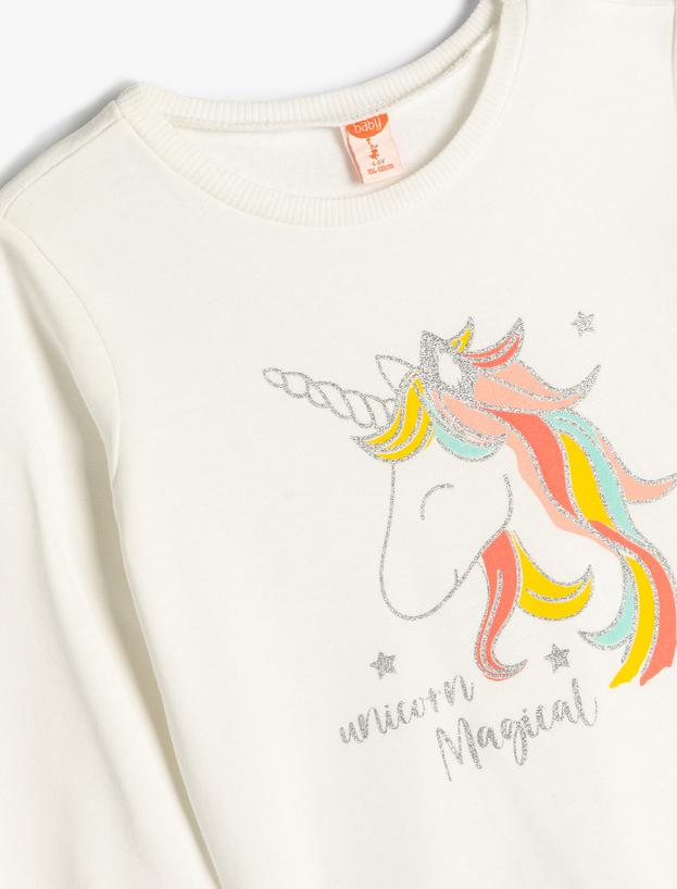 Sweatshirt Unicorn Baskılı Uzun Kollu Bisiklet Yaka Şardonlu Pamuklu_2