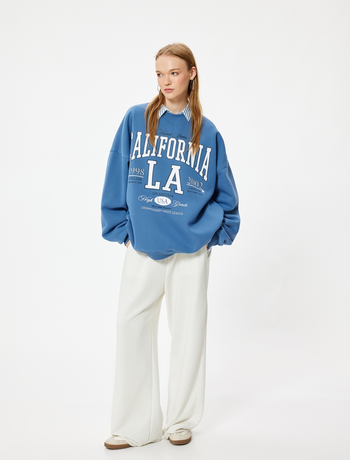  Oversize Sweatshirt Kolej Baskılı Uzun Kollu Bisiklet Yaka Şardonlu