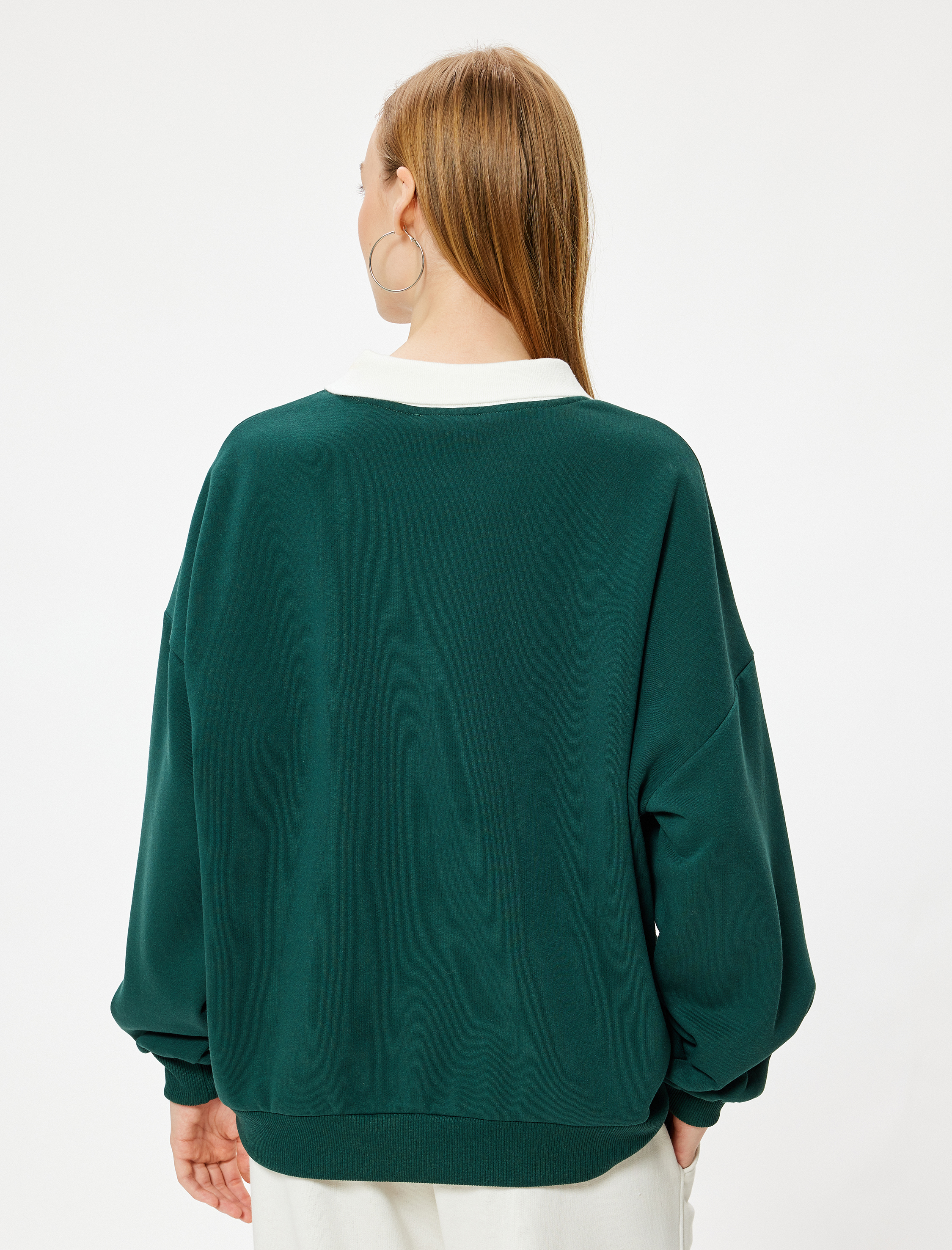 Polo Yaka Sweatshirt Oversize Kolej Baskılı Uzun Kollu Şardonlu