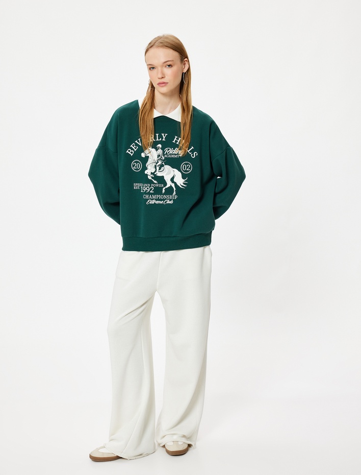  Polo Yaka Sweatshirt Oversize Kolej Baskılı Uzun Kollu Şardonlu