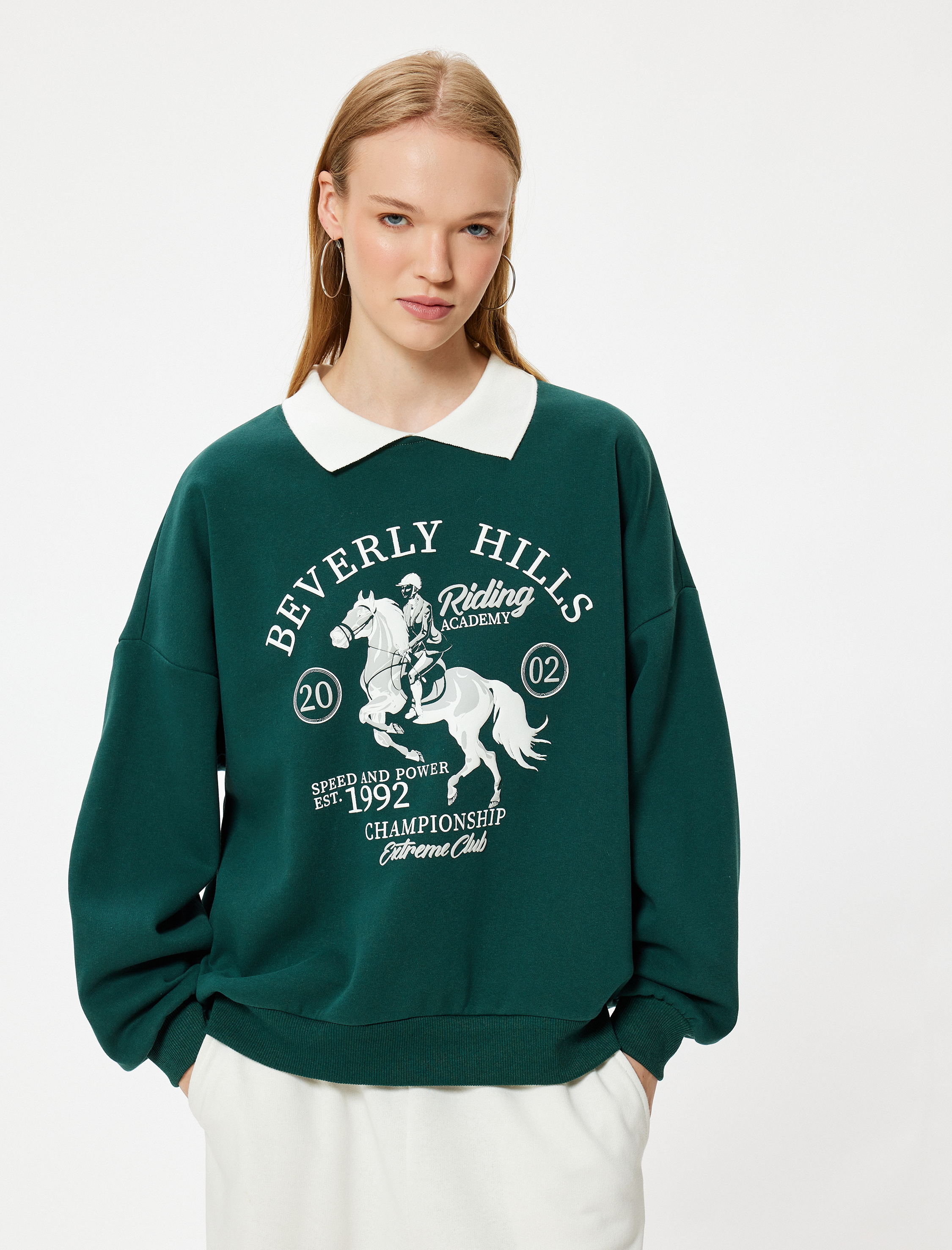 Polo Yaka Sweatshirt Oversize Kolej Baskılı Uzun Kollu Şardonlu
