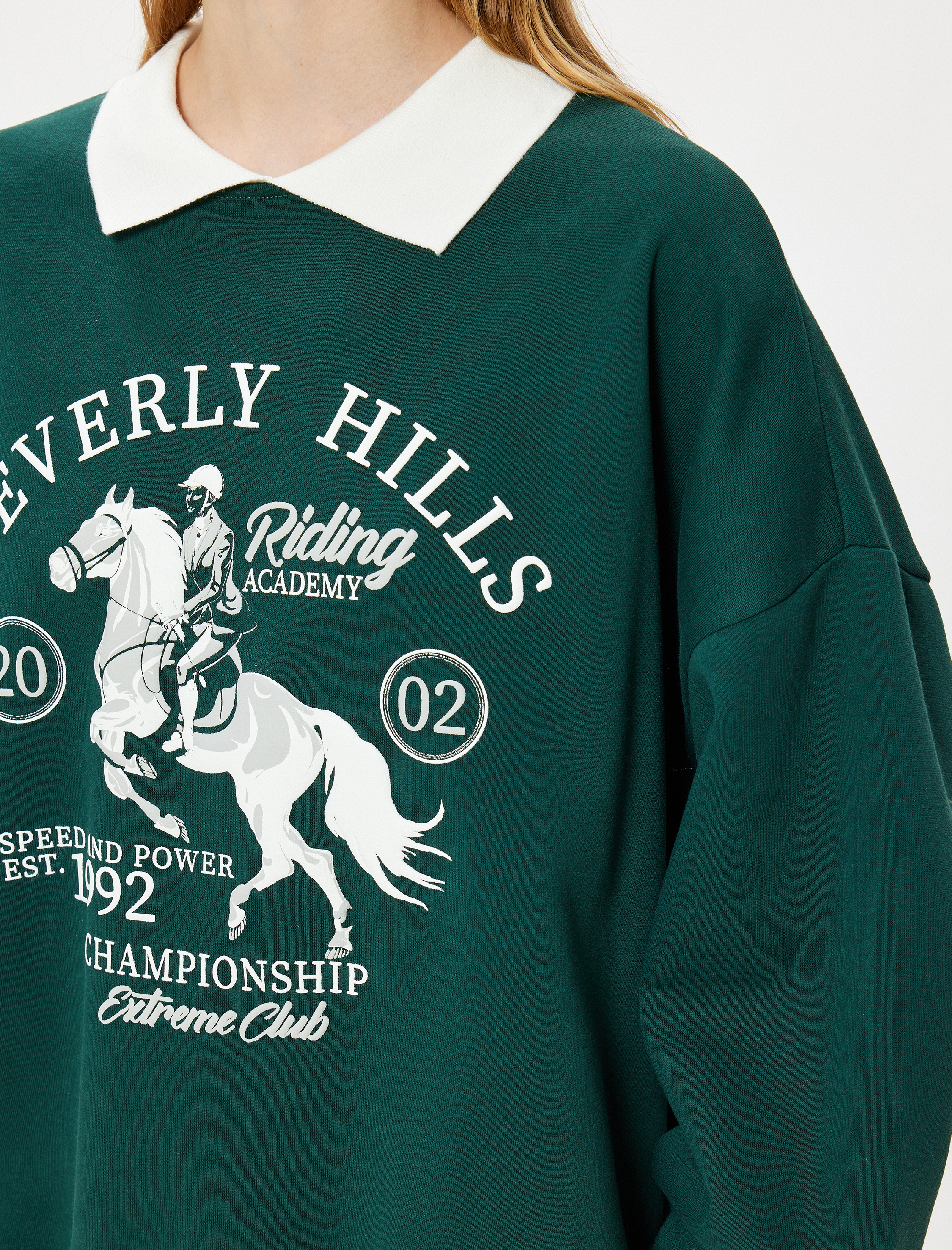 Polo Yaka Sweatshirt Oversize Kolej Baskılı Uzun Kollu Şardonlu
