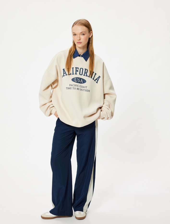  Oversize Sweatshirt Kolej Baskılı Uzun Kollu Bisiklet Yaka Şardonlu