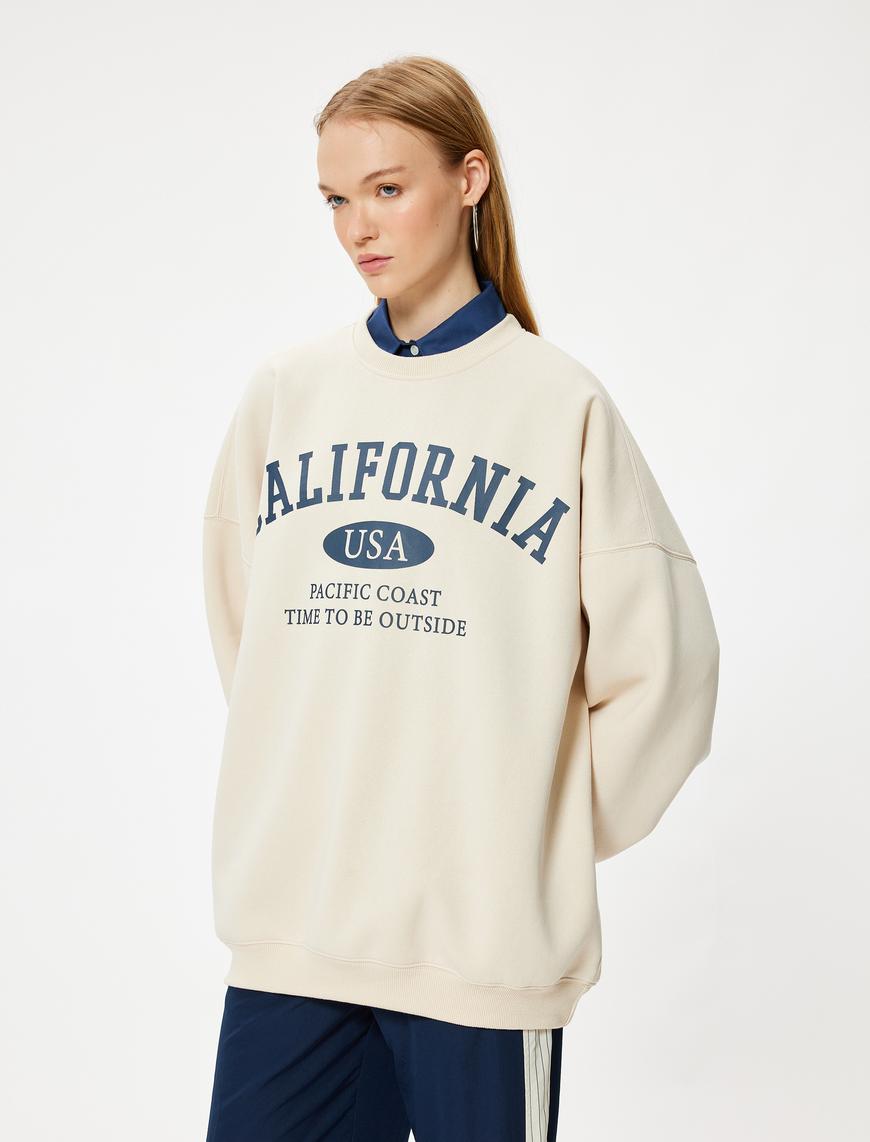   Oversize Sweatshirt Kolej Baskılı Uzun Kollu Bisiklet Yaka Şardonlu