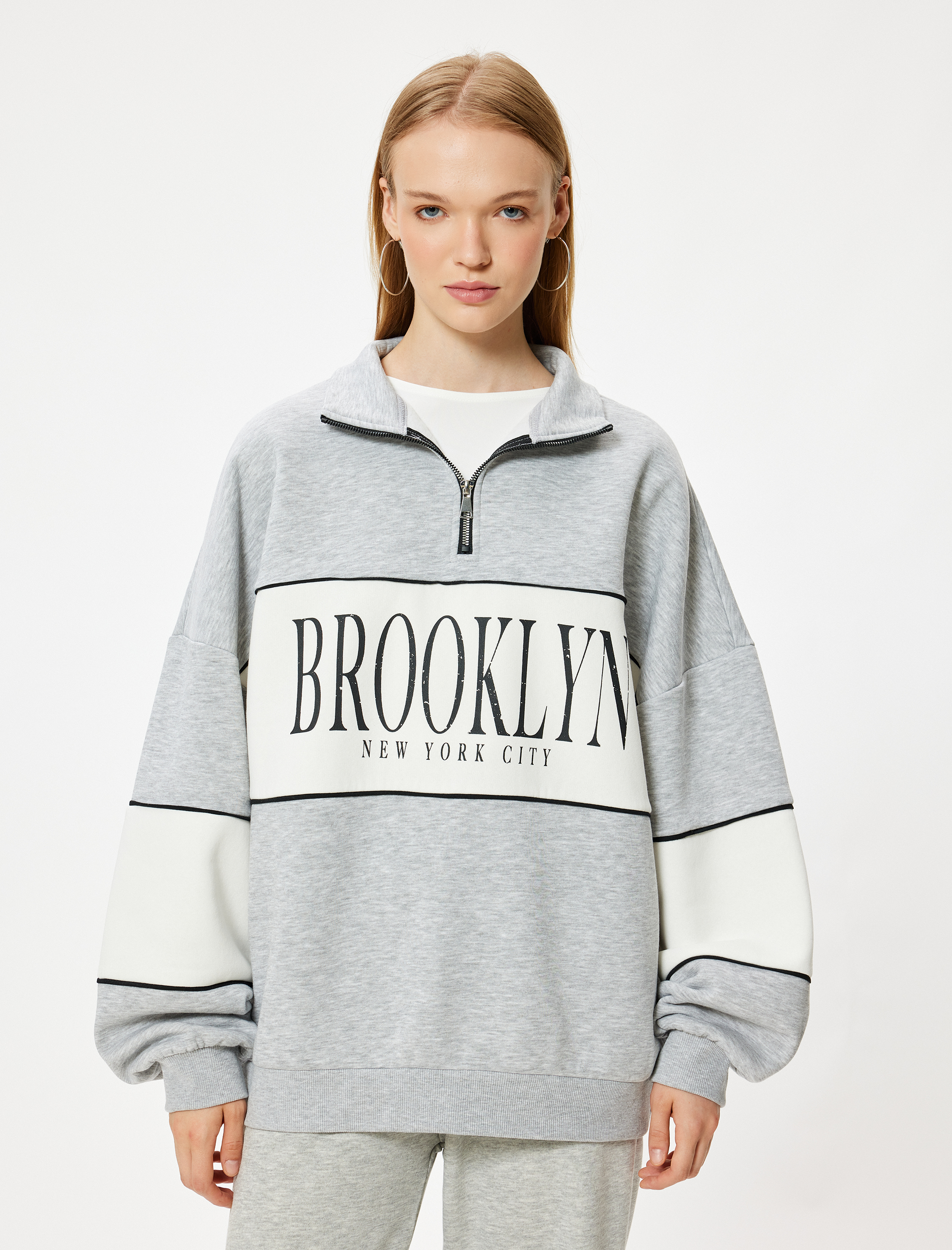   Oversize Sweatshirt Yarım Fermuarlı Kolej Baskılı Renk Bloklu Şardonlu