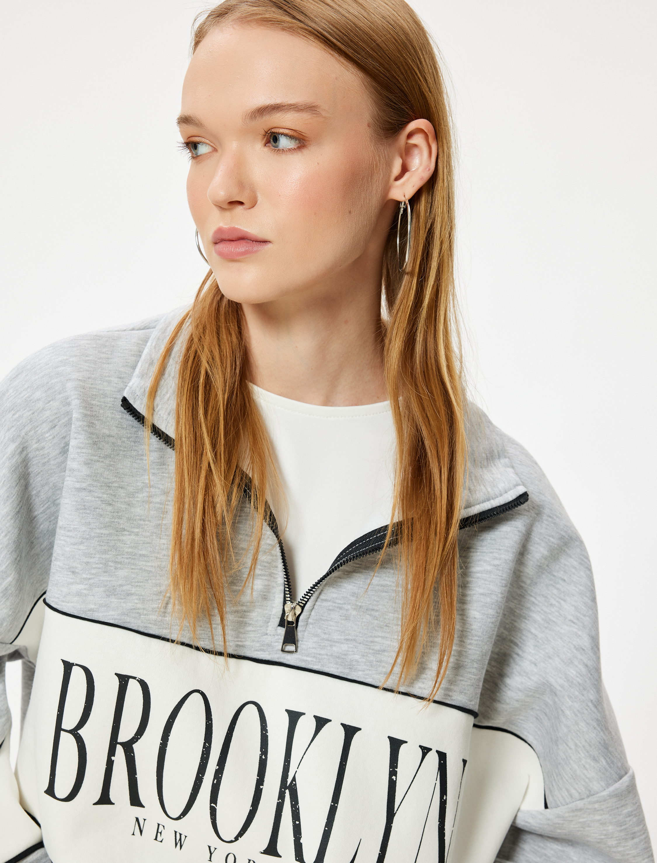   Oversize Sweatshirt Yarım Fermuarlı Kolej Baskılı Renk Bloklu Şardonlu