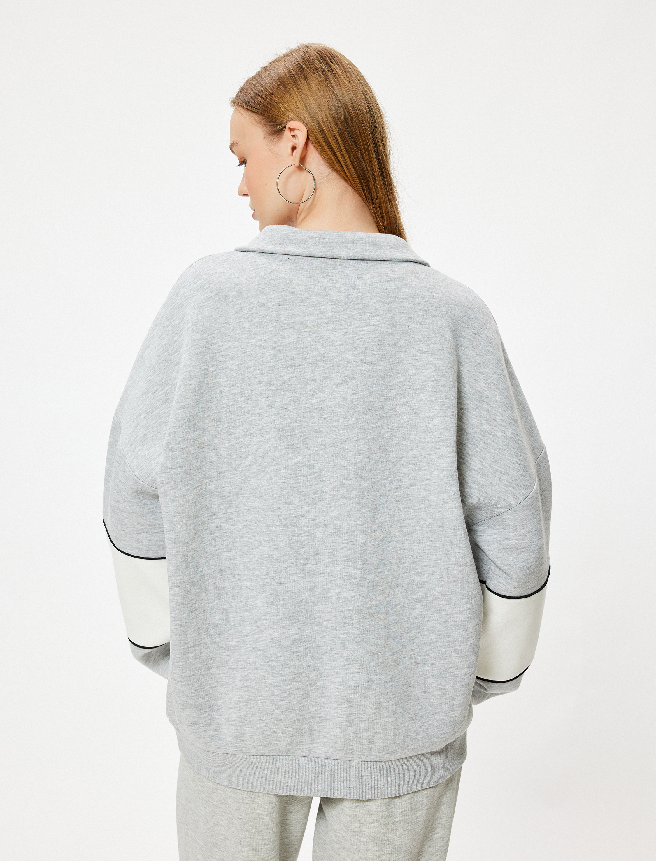   Oversize Sweatshirt Yarım Fermuarlı Kolej Baskılı Renk Bloklu Şardonlu