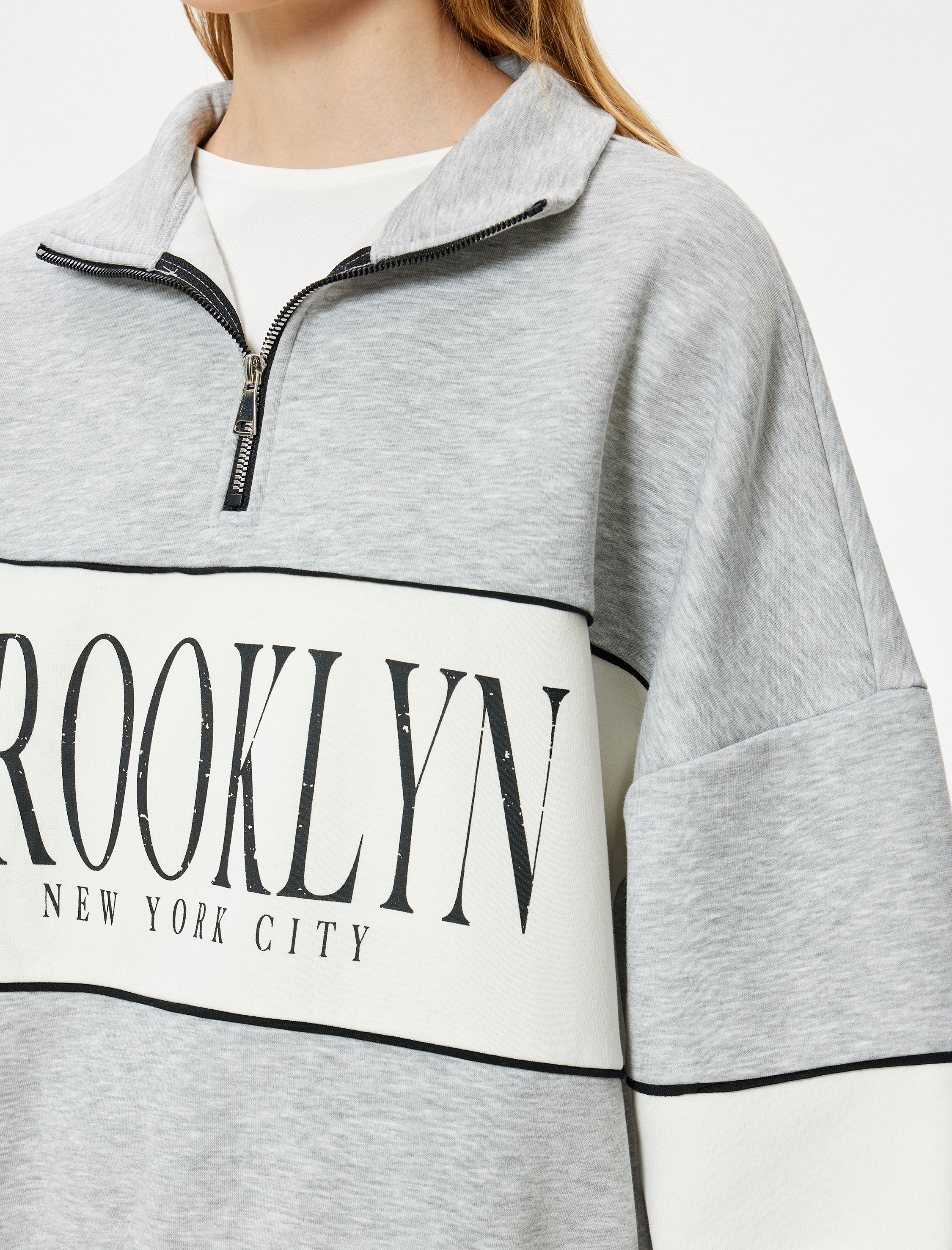   Oversize Sweatshirt Yarım Fermuarlı Kolej Baskılı Renk Bloklu Şardonlu