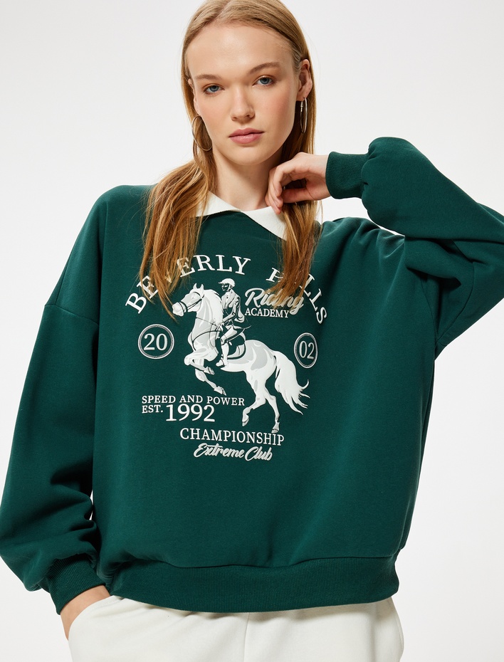  Polo Yaka Sweatshirt Oversize Kolej Baskılı Uzun Kollu Şardonlu