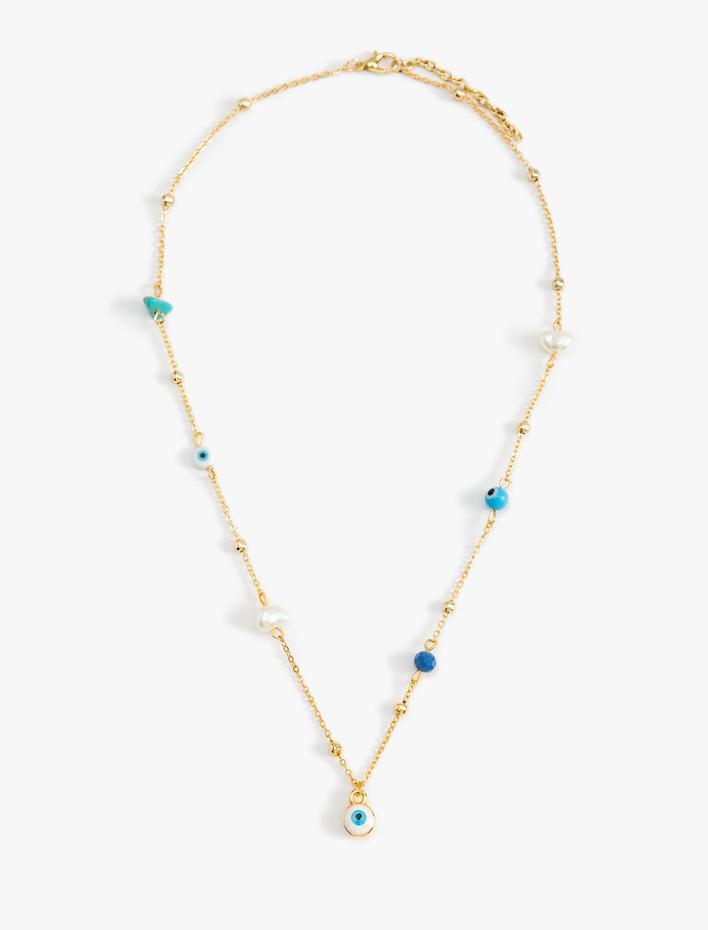 Kadın Nazar Boncuklu Kolye Cam Boncuk İnci Detaylı