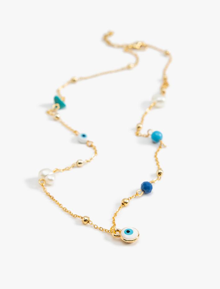 Kadın Nazar Boncuklu Kolye Cam Boncuk İnci Detaylı