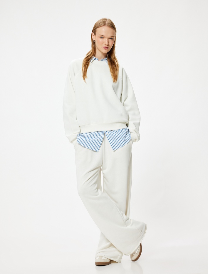  Basic Oversize Sweatshirt Bisiklet Yaka Uzun Kollu Ribanalı Şardonlu