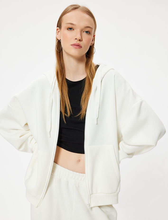  Oversize Fermuarlı Sweatshirt Kapüşonlu Cep Detaylı Ribanalı Şardonlu