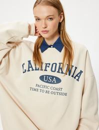 Oversize Sweatshirt Kolej Baskılı Uzun Kollu Bisiklet Yaka Şardonlu