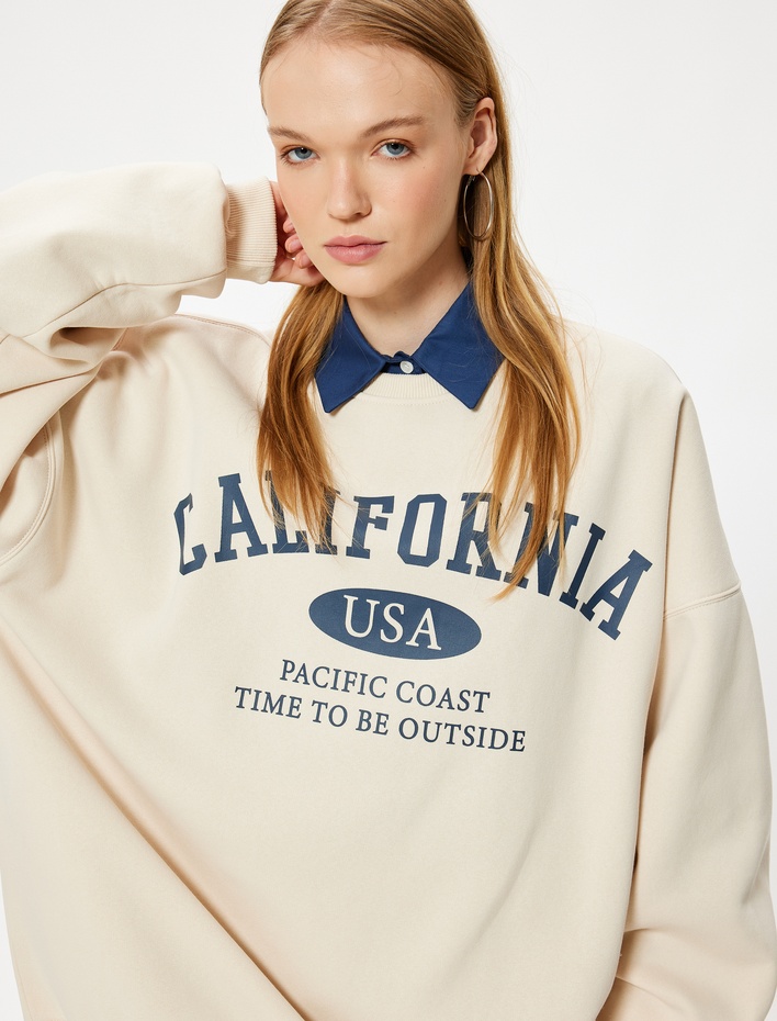  Oversize Sweatshirt Kolej Baskılı Uzun Kollu Bisiklet Yaka Şardonlu