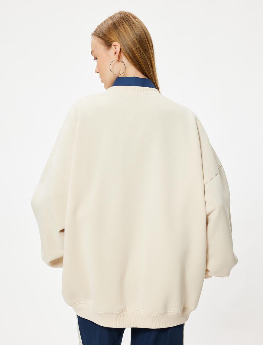   Oversize Sweatshirt Kolej Baskılı Uzun Kollu Bisiklet Yaka Şardonlu