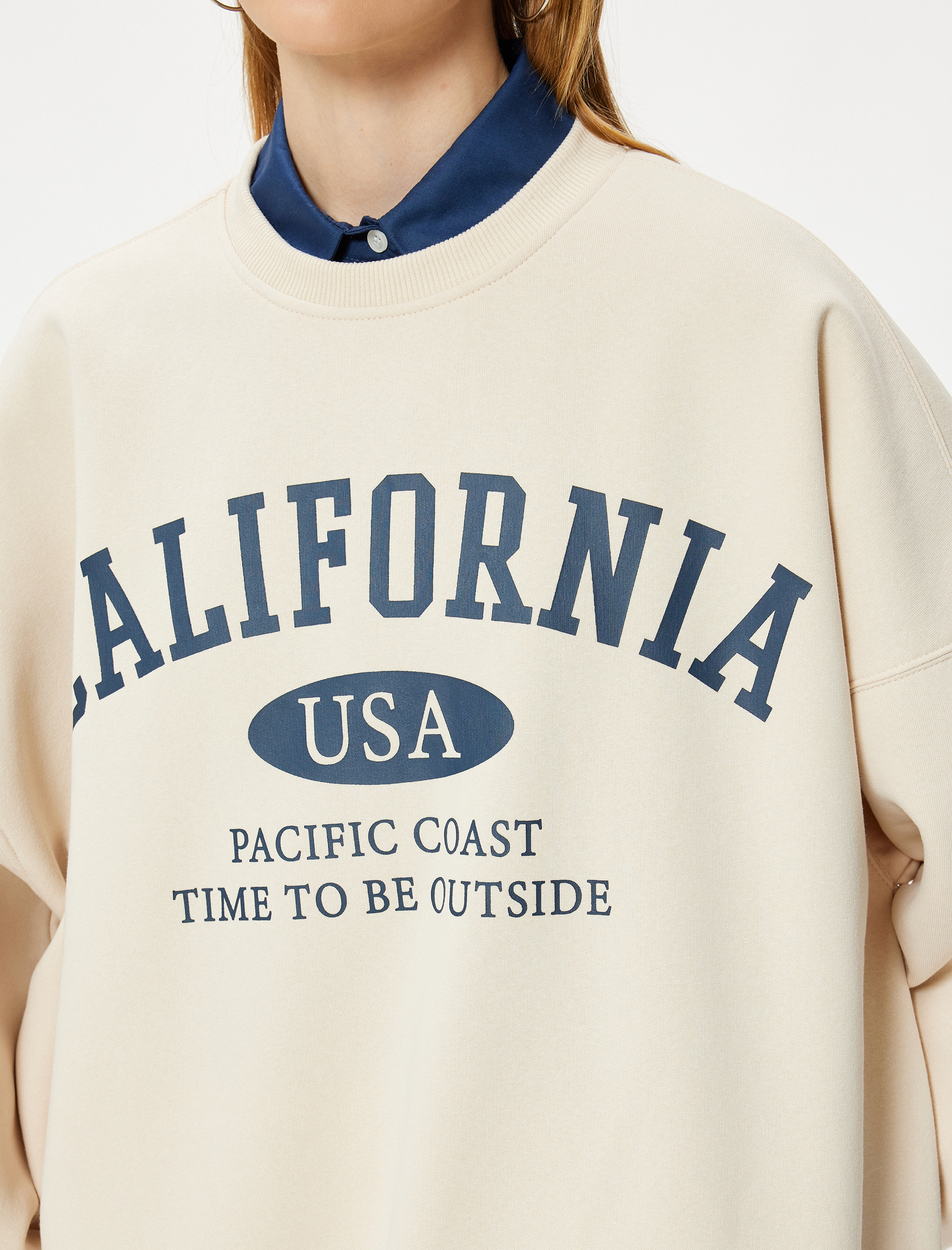 Oversize Sweatshirt Kolej Baskılı Uzun Kollu Bisiklet Yaka Şardonlu