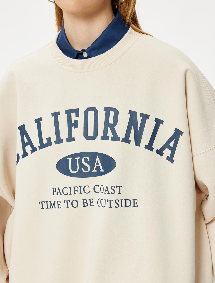   Oversize Sweatshirt Kolej Baskılı Uzun Kollu Bisiklet Yaka Şardonlu