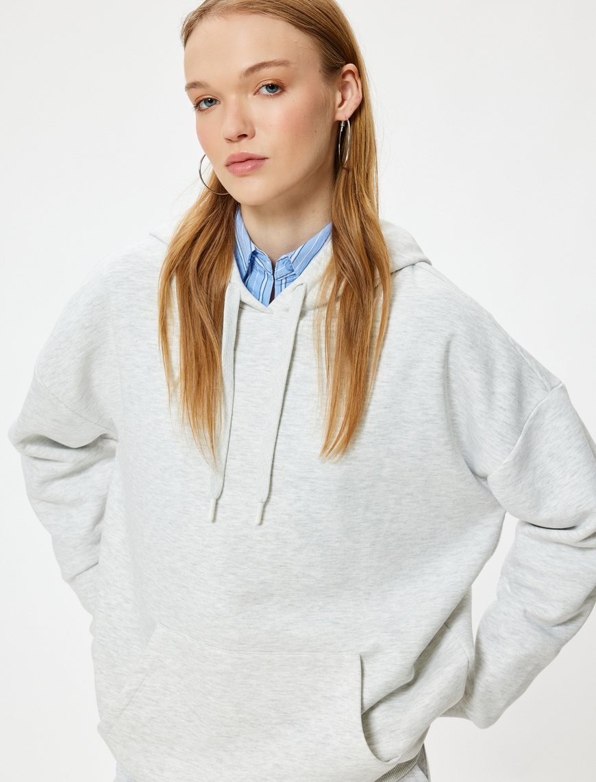   Oversize Kapüşonlu Sweatshirt Basic Kanguru Cepli Şardonlu