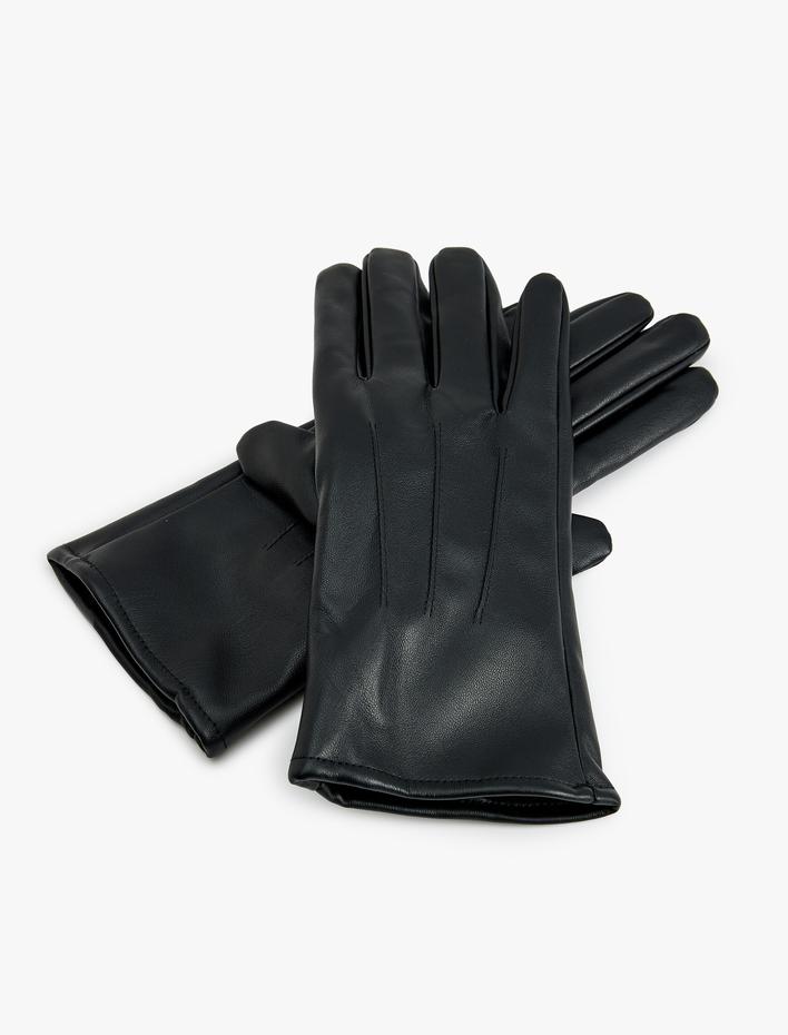 Kadın Eldiven Deri Görünümlü Dikiş Detaylı İçi Astarlı