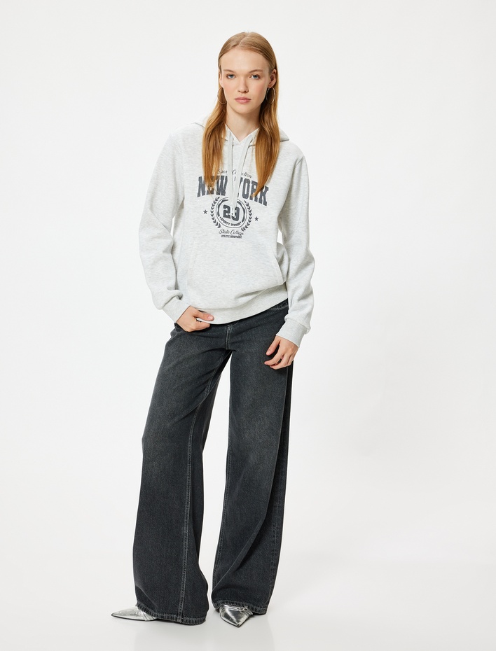  Oversize Kapüşonlu Sweatshirt Kolej Baskılı Kanguru Cepli Şardonlu