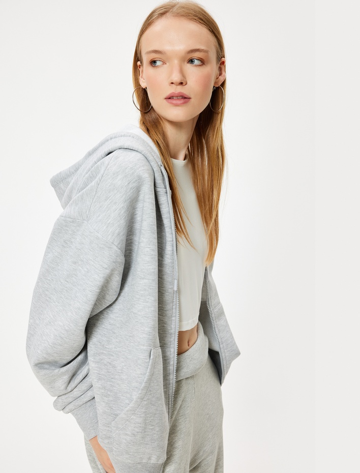  Oversize Fermuarlı Sweatshirt Kapüşonlu Cep Detaylı Ribanalı Şardonlu