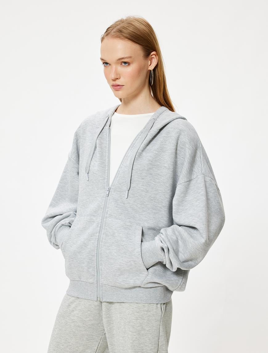   Oversize Fermuarlı Sweatshirt Kapüşonlu Cep Detaylı Ribanalı Şardonlu