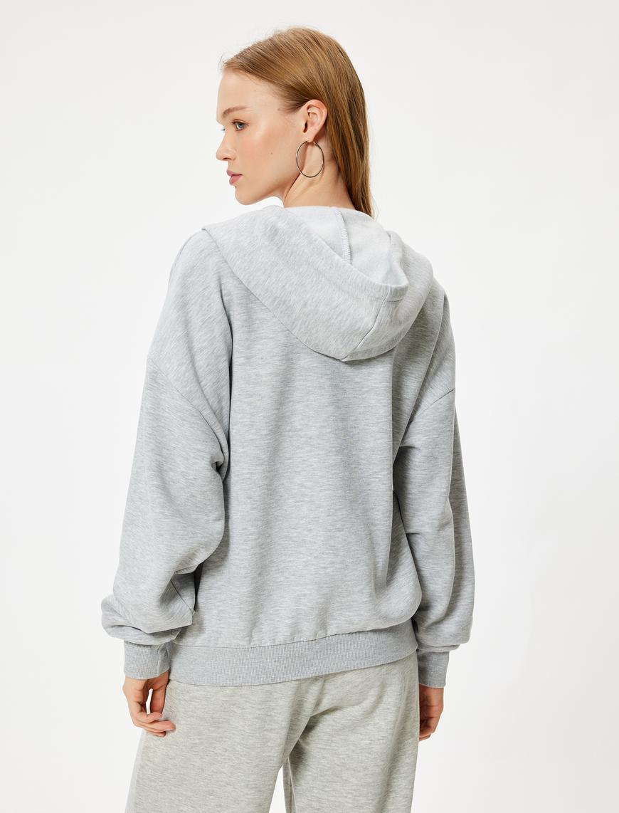   Oversize Fermuarlı Sweatshirt Kapüşonlu Cep Detaylı Ribanalı Şardonlu