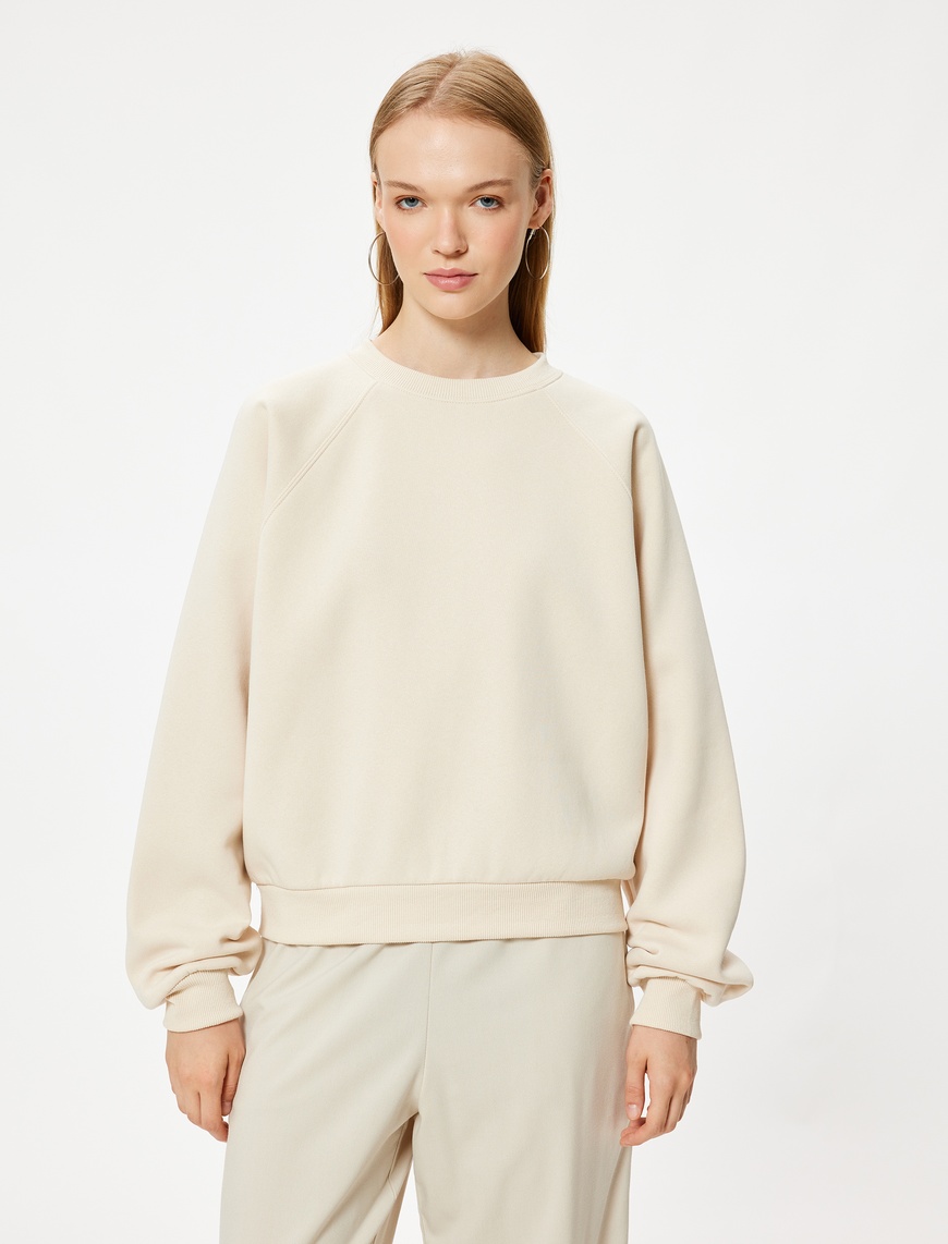   Basic Oversize Sweatshirt Bisiklet Yaka Uzun Kollu Ribanalı Şardonlu