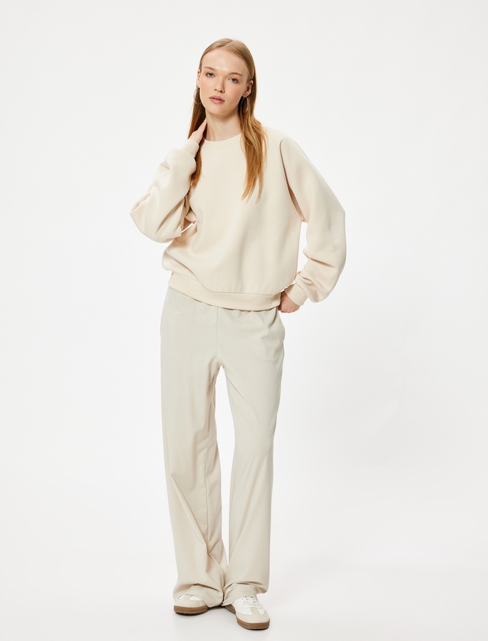  Basic Oversize Sweatshirt Bisiklet Yaka Uzun Kollu Ribanalı Şardonlu