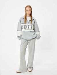 Oversize Sweatshirt Yarım Fermuarlı Kolej Baskılı Renk Bloklu Şardonlu
