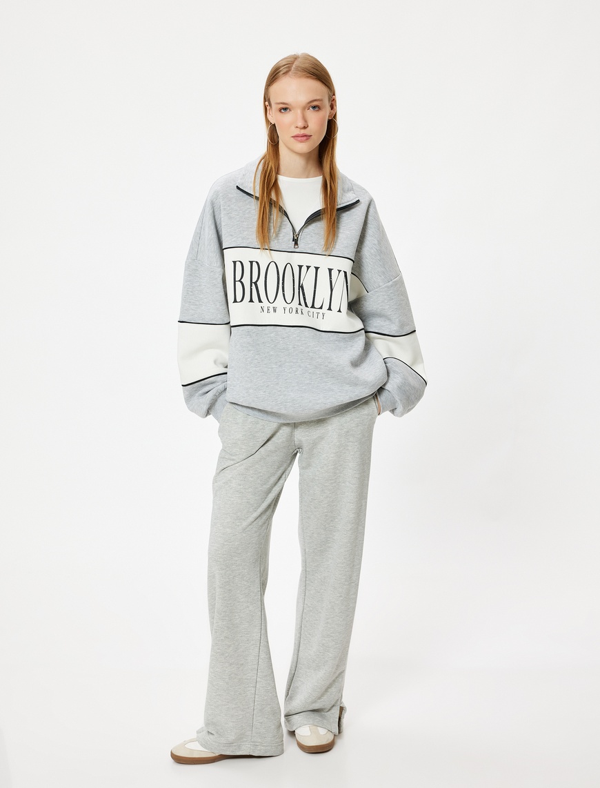   Oversize Sweatshirt Yarım Fermuarlı Kolej Baskılı Renk Bloklu Şardonlu